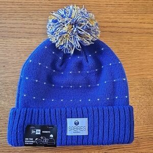 Womens Buffalo Sabres Blue and Yellow Pom-Pom Wintwr Beanie w/ Cute Hearts